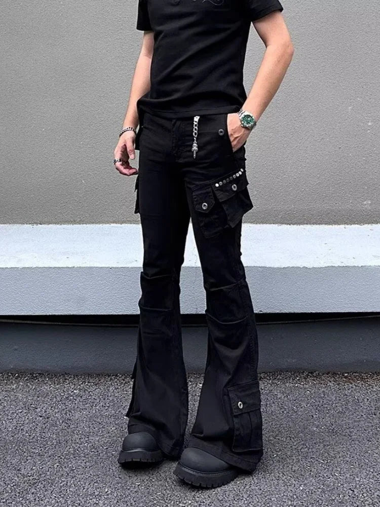 Multi Pockets Black Slim Flared Jeans