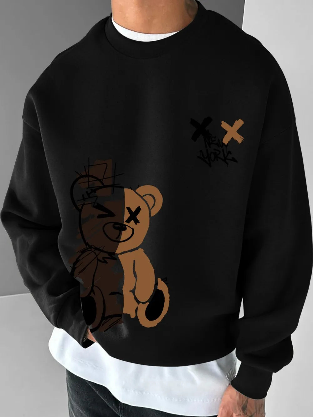 American men's autumn spliced teddy bear letter print soft and comfortable round neck long sleeved T-shirt outdoor casual top