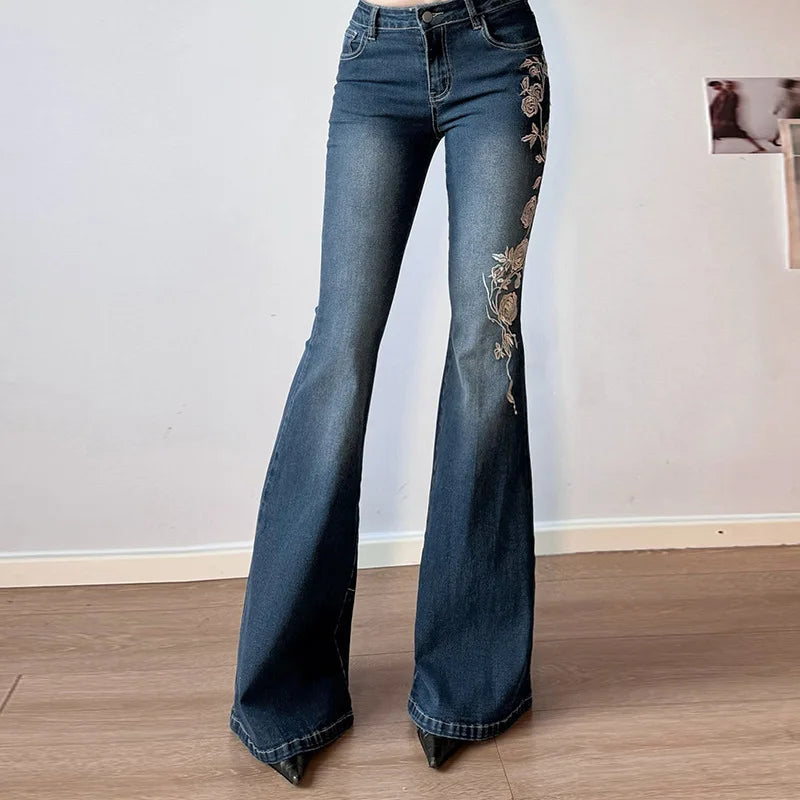Denim Trousers Y2K Flare Pants Jeans Women Embroidery Boot Cut Low Waist Washed Distressed Pockets Floor Length Streetwear