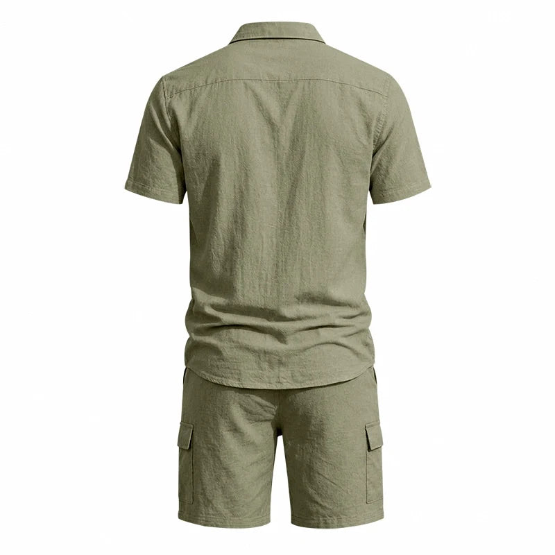 Men Summer American Linen Two Piece Set Short Sleeve Shirt Drawstring Cargo Shorts Loose Casual Outdoor Commute Vacation Outfit