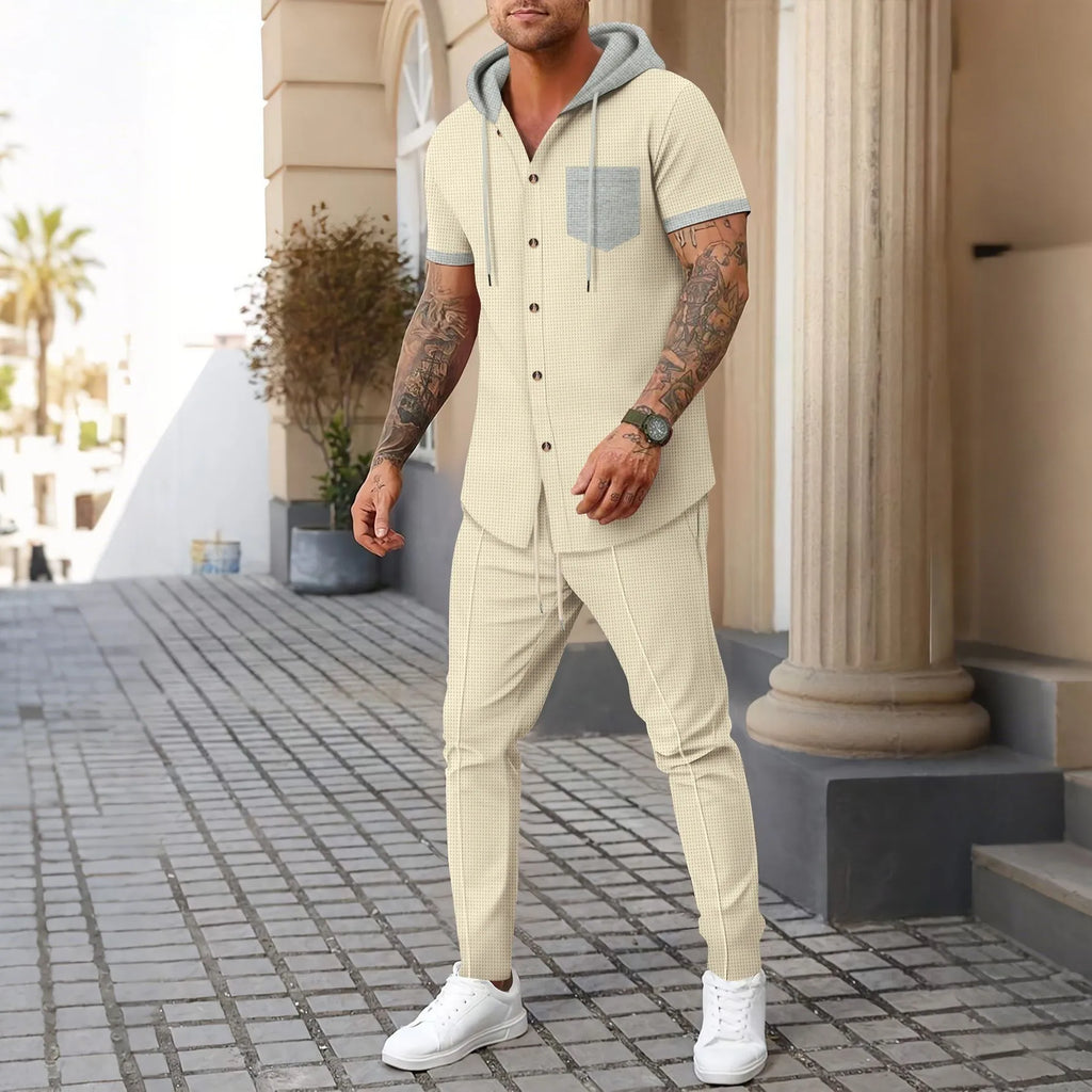 Men's new waffle knit hooded small zipper casual long-sleeved top and long pants two-pie
