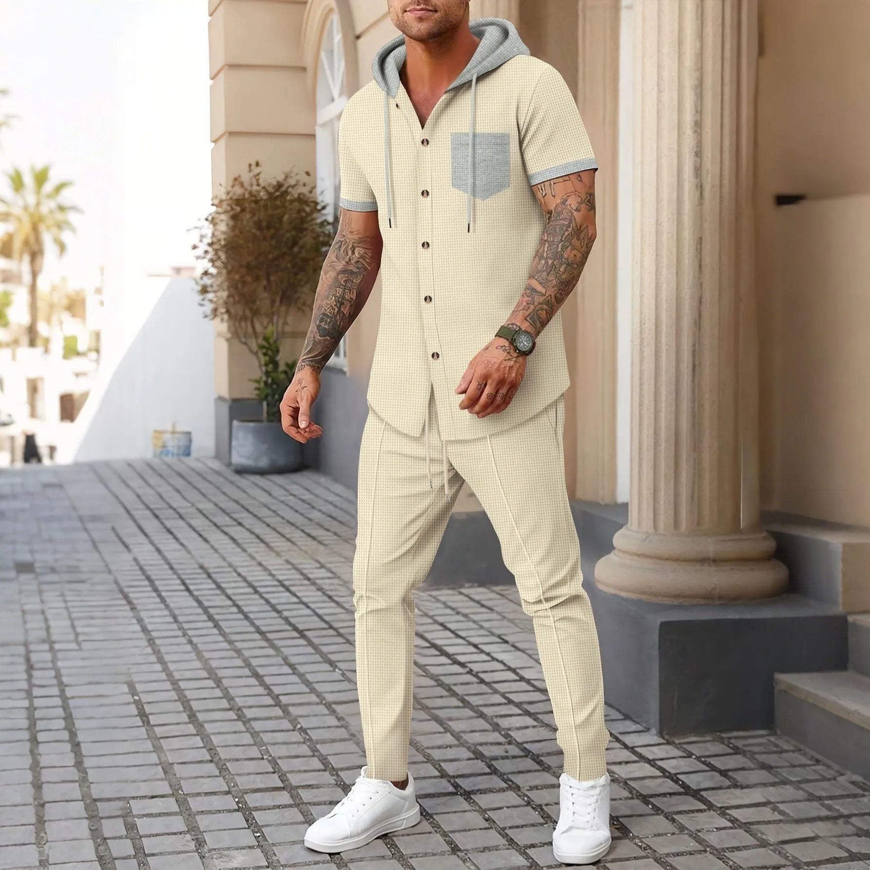 Men's new waffle knit hooded small zipper casual long-sleeved top and long pants two-pie