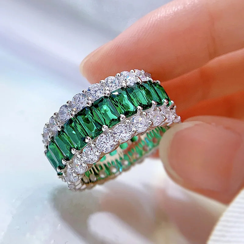 925 Sterling Silver Emerald Simulated Moissanite Ring