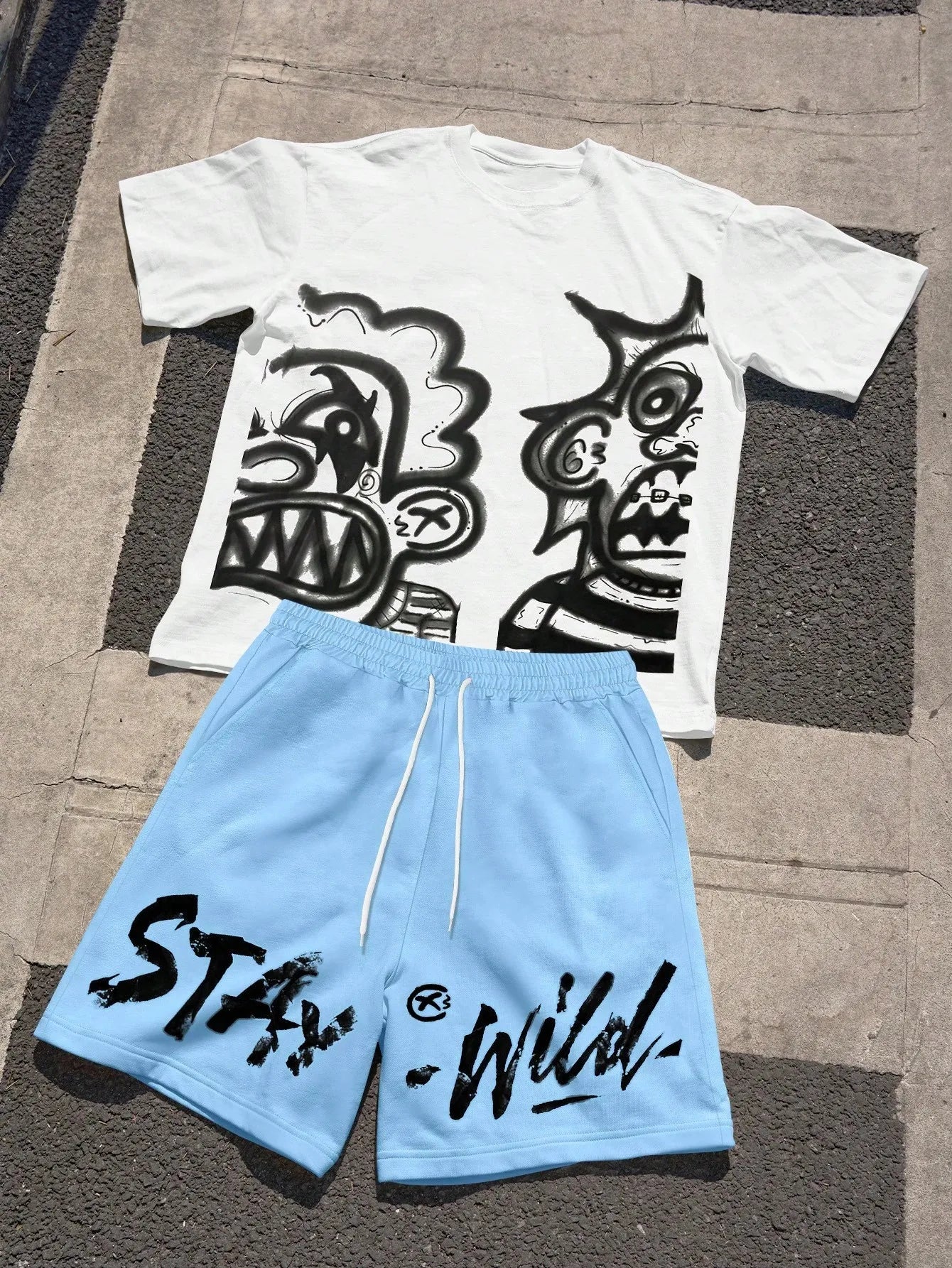 Men's Short-Sleeved Set with 3D Animated Pattern Print for Street Casual Fashion with Breathable Design