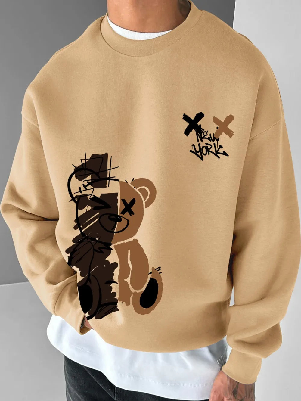 American men's autumn spliced teddy bear letter print soft and comfortable round neck long sleeved T-shirt outdoor casual top