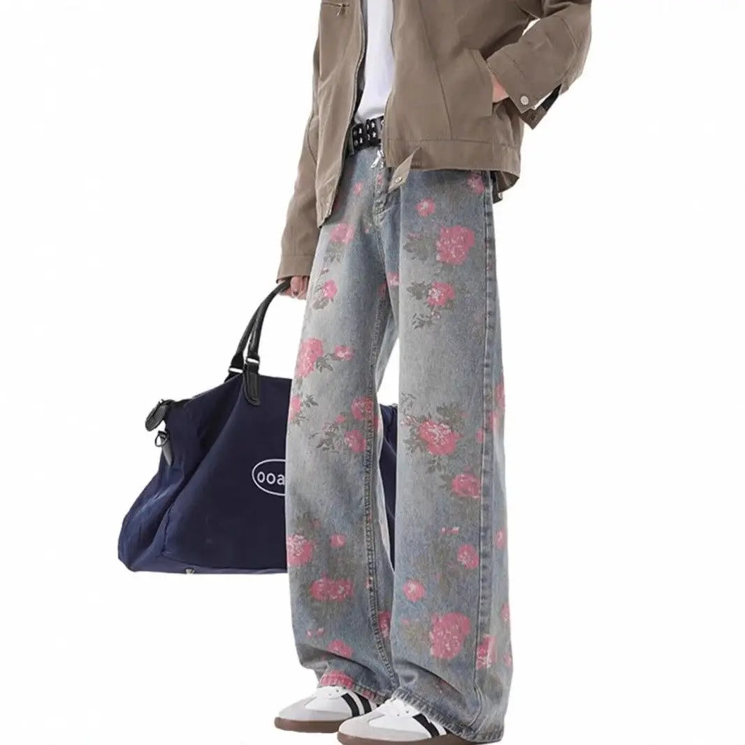 American Casual Floral Print Wide Leg Jeans Mid-Waist Fashion Urban Style Comfortable Soft Cotton Polyester Blend Four Seasons