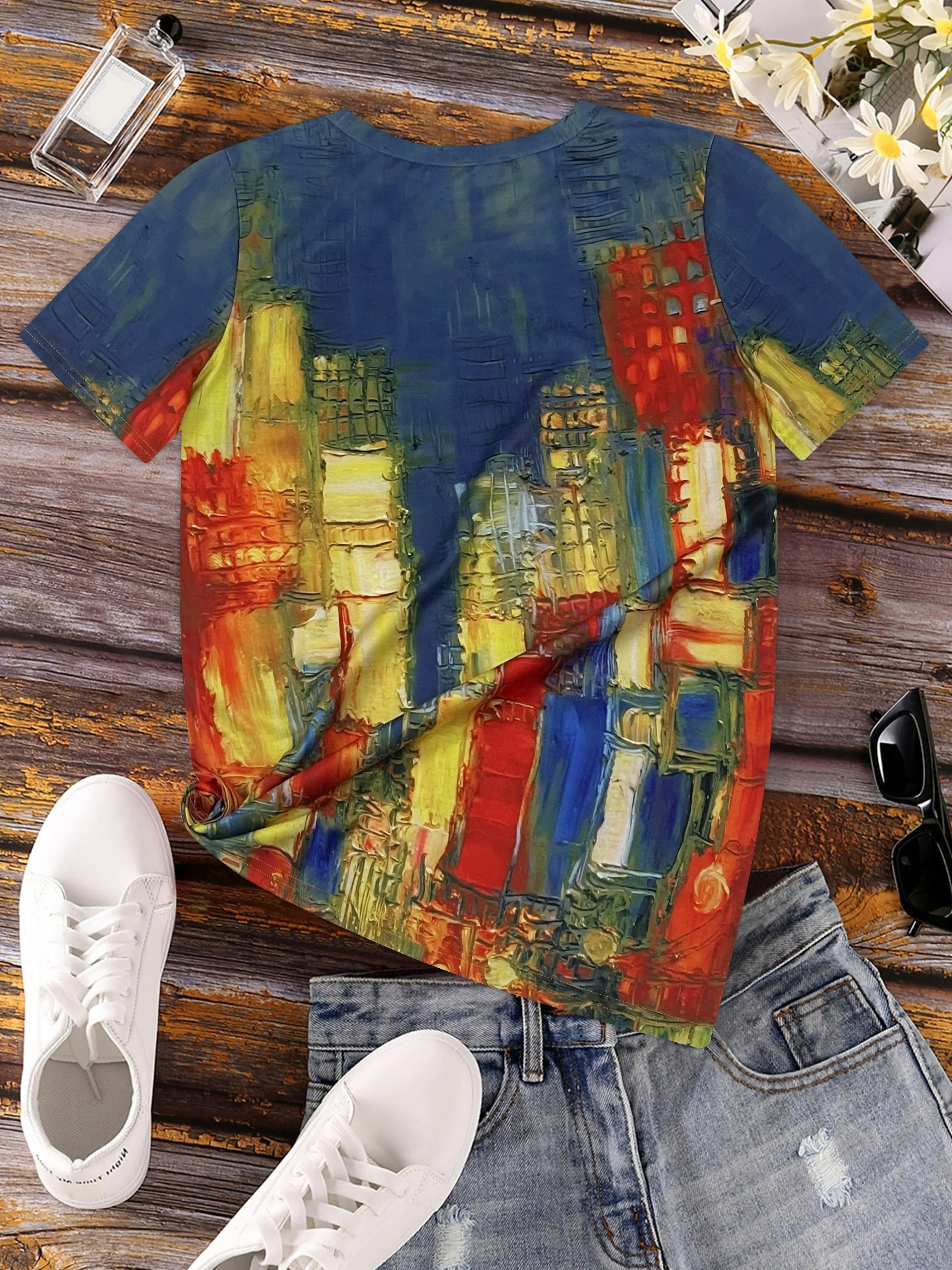 Vibrant Cityscape Women's Tee - Abstract Urban Art Graphic, Colorful Painting Print Design for Casual Daily Wear