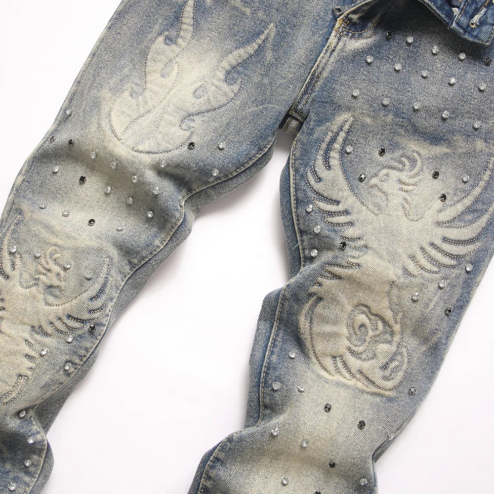 Men's Vintage Bootcut Denim Jeans Streetwear Embossed Totem Pattern Pants Retro Blue Stretch Spandex Slim Flared Trousers