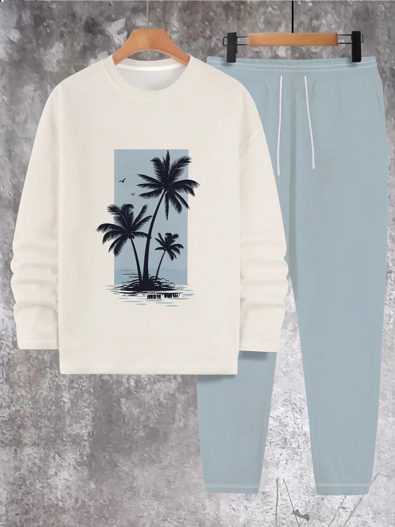 Autumn New Style Street Casual Fashion Comfortable Soft 3D Coconut Tree Pattern Printed Men's Long-Sleeved Long Pants Set