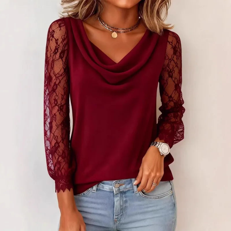 Women Cowl Neck Blouse Lace Splice 3 4 Sleeve Spring Summer Casual Loose Ladies T Shirt