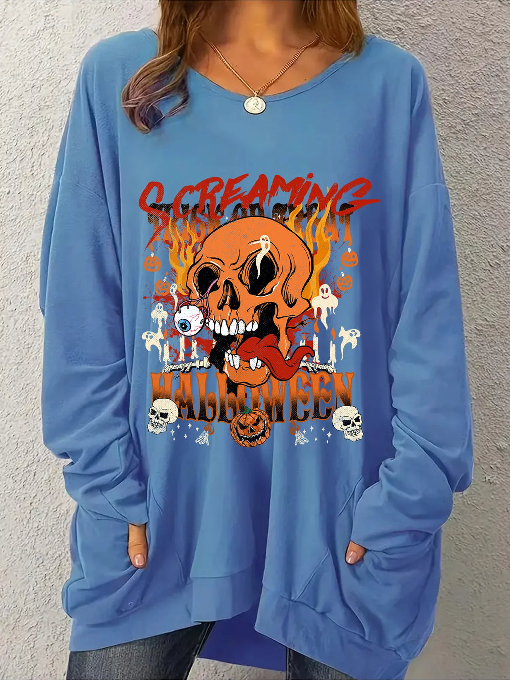 Fashionable plus size long sleeved round neck women's clothing, personalized and quirky skull flame print loose hoodie