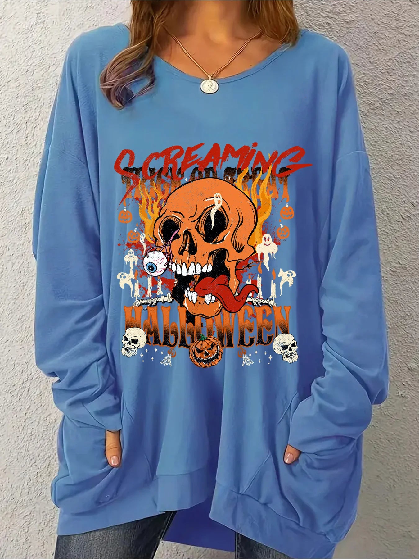 Fashionable plus size long sleeved round neck women's clothing, personalized and quirky skull flame print loose hoodie