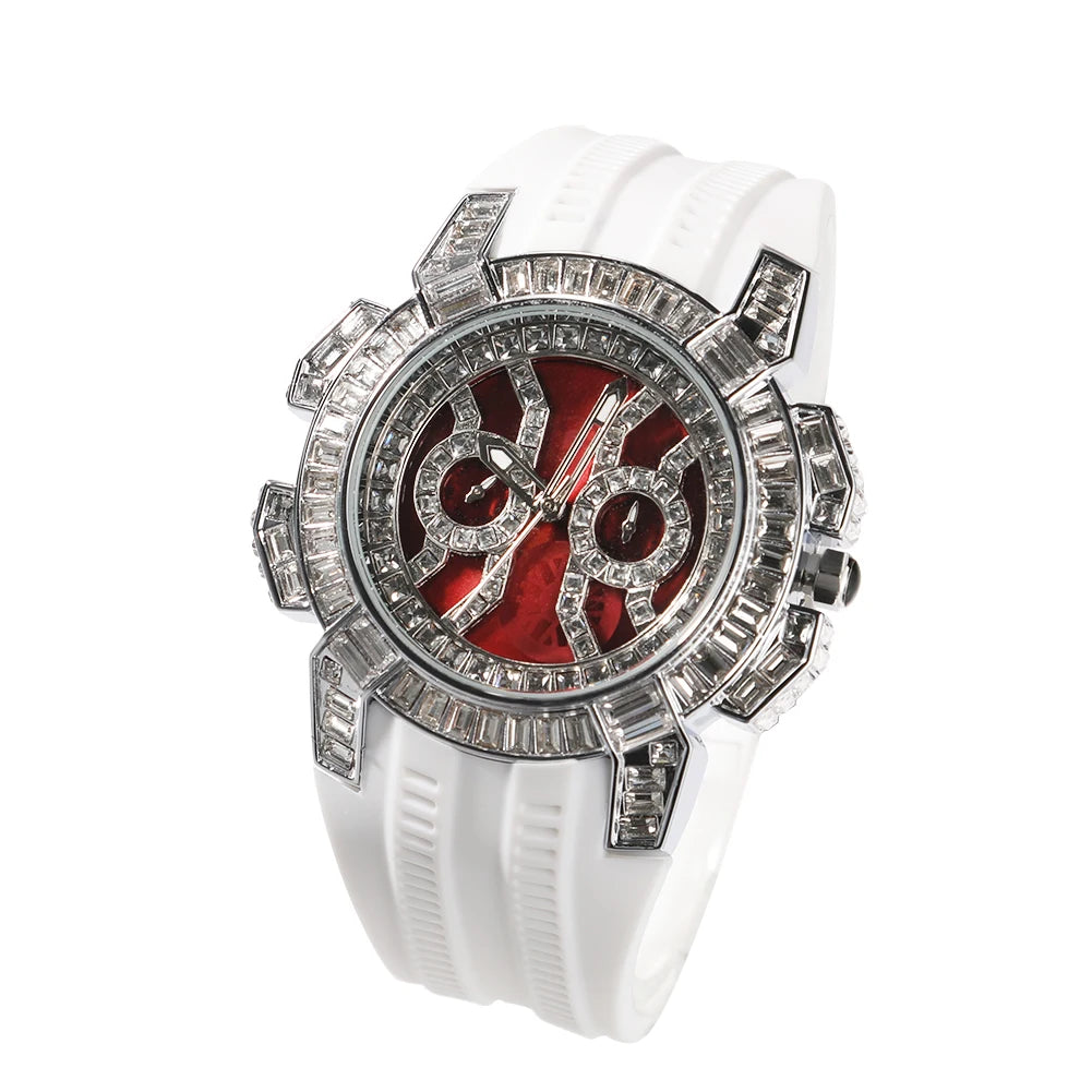 Iced Out Round Quartz Watch For Men Stainless Steel Sports Waterproof Type Fashion Red Dial Plate Anniversary Gift