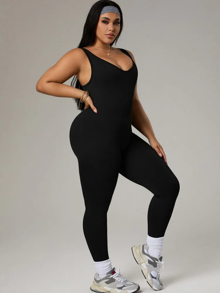 Plus Size Women's Tracksuit Gym Workout Sports Clothes Outfit Backless Jumpsuit Yoga Fitness Overalls Open Back Bodysuits Suit