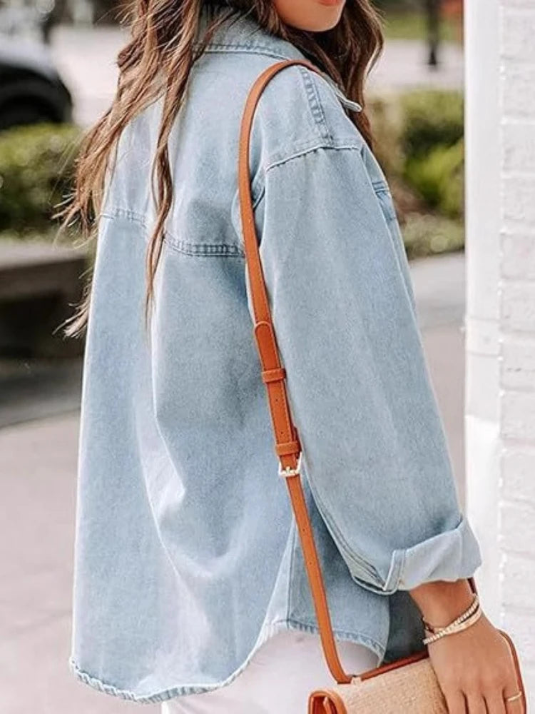 New Washed Loose Long-sleeved Denim Shirts for European American Women, Spring and Autumn Fashionable Four-button Shirt Jackets
