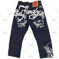 Straight Leg Denim Pants Skull Rose Flame