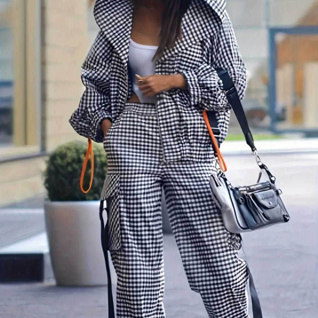 Spring Autumn Casual Plaid Print Women's Set Fashion Pocket Loose Hoodie Long-sleeved Jacket + Trousers 2-piece Suit Street
