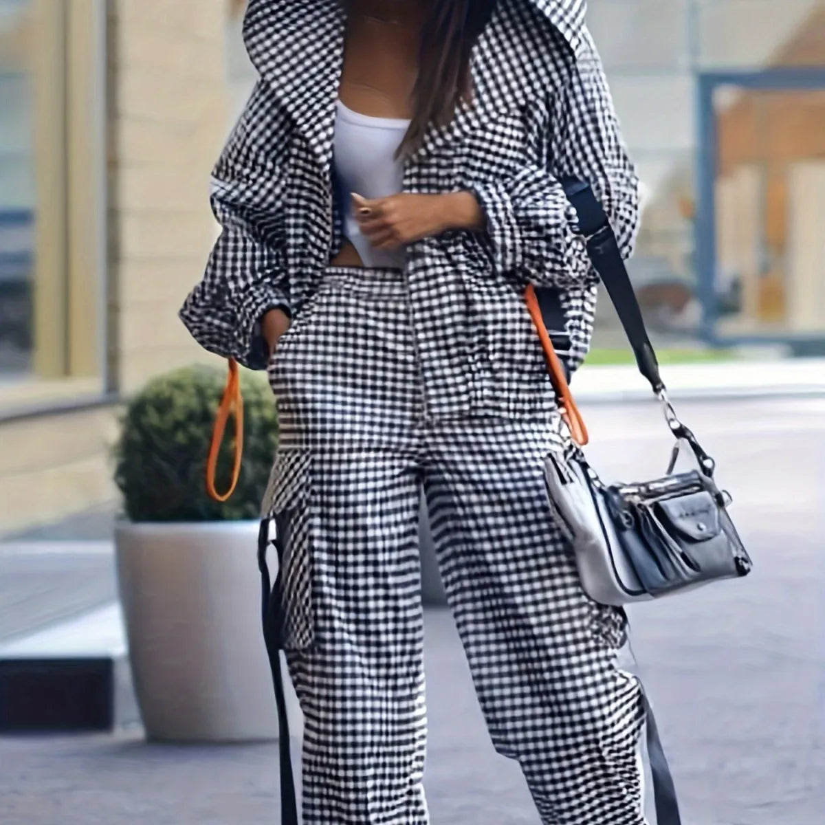 Spring Autumn Casual Plaid Print Women's Set Fashion Pocket Loose Hoodie Long-sleeved Jacket + Trousers 2-piece Suit Street