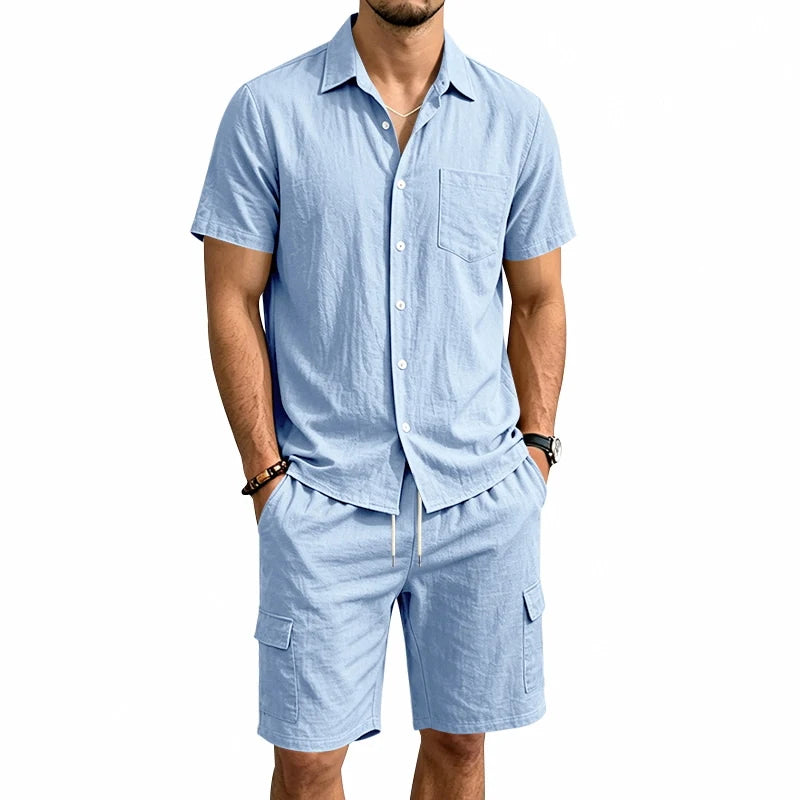 Men Summer American Linen Two Piece Set Short Sleeve Shirt Drawstring Cargo Shorts Loose Casual Outdoor Commute Vacation Outfit