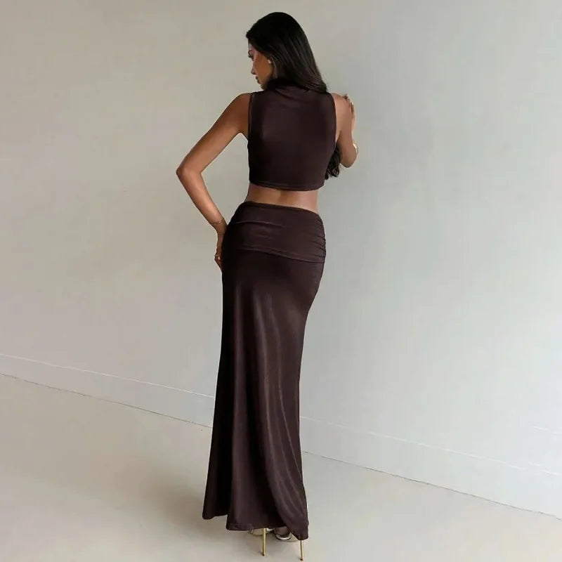 Elegant Banquet 2 Piece Set Women Sexy Bead Patchwork Turtleneck Tank Top+Ruched Mesh Hem Skirts Chic Party Clubwear