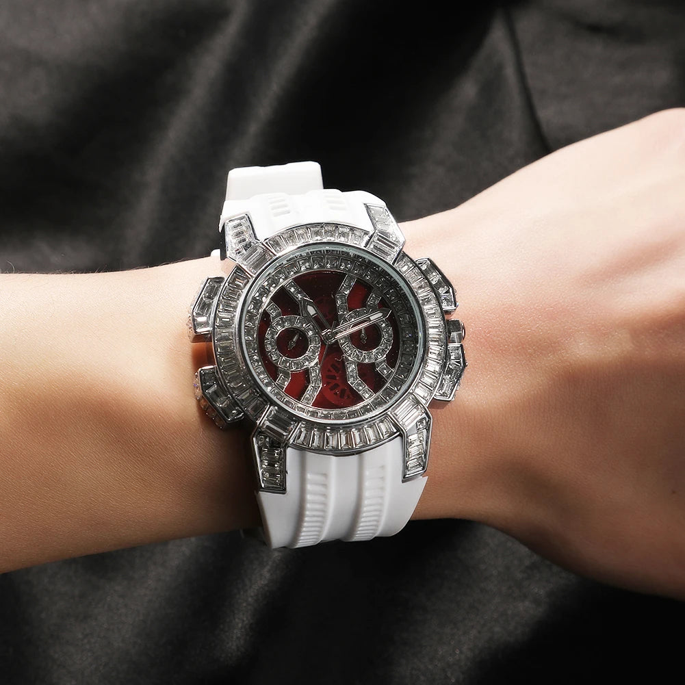 Iced Out Round Quartz Watch For Men Stainless Steel Sports Waterproof Type Fashion Red Dial Plate Anniversary Gift