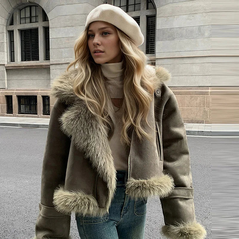 Urban Faux Fur Patchwork Women Thicken Jacket Solid Lapel Long Sleeve Female Outwear 2026 Autumn Winter All-match Lady Outfit