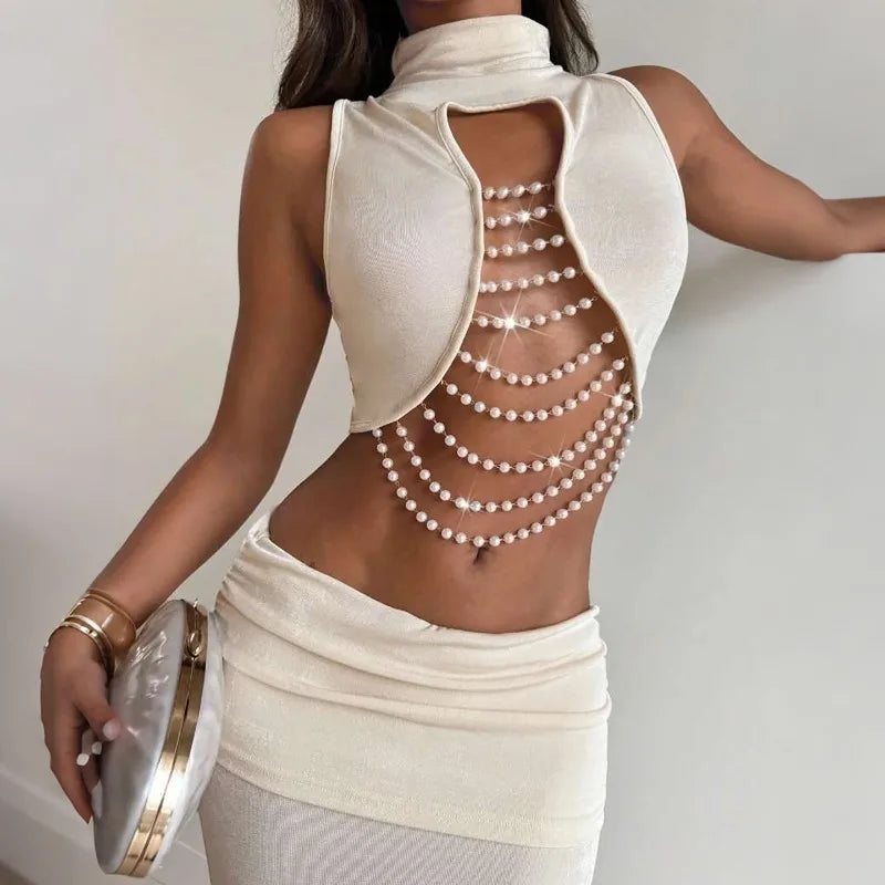 Elegant Banquet 2 Piece Set Women Sexy Bead Patchwork Turtleneck Tank Top+Ruched Mesh Hem Skirts Chic Party Clubwear