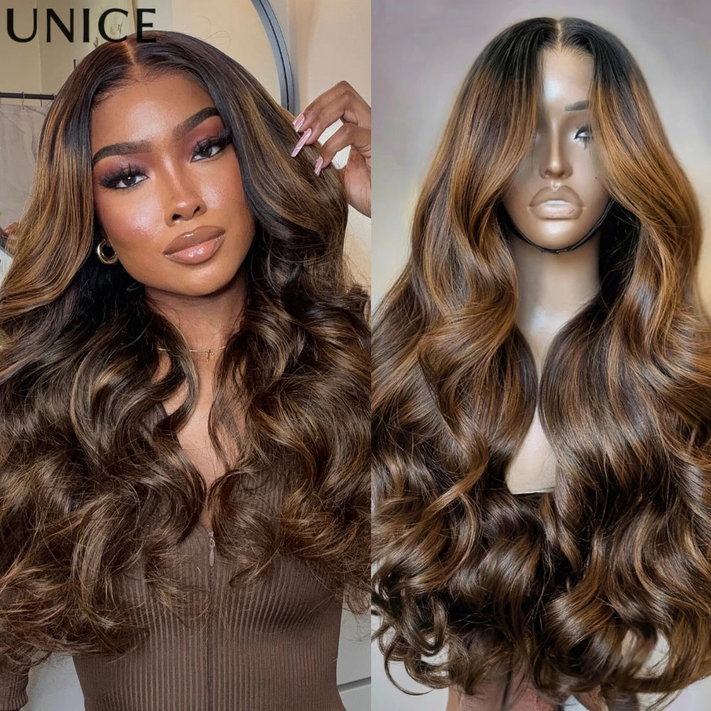 16in-26in 7x5 Pre Cut Lace Balayage Brown Body Wave Glueless Wig