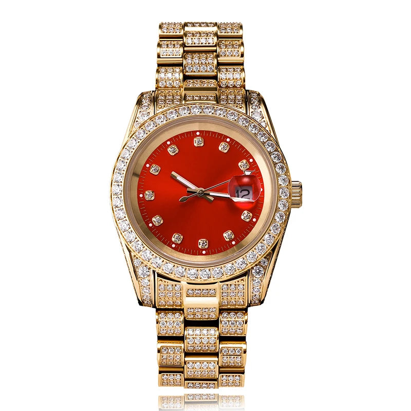 Rolex Style  Date Quartz Watch Waterproof Watches Iced  Out Stone Paved Bling Iced Out Stainless Steel Watch for Men Charm Jewelry