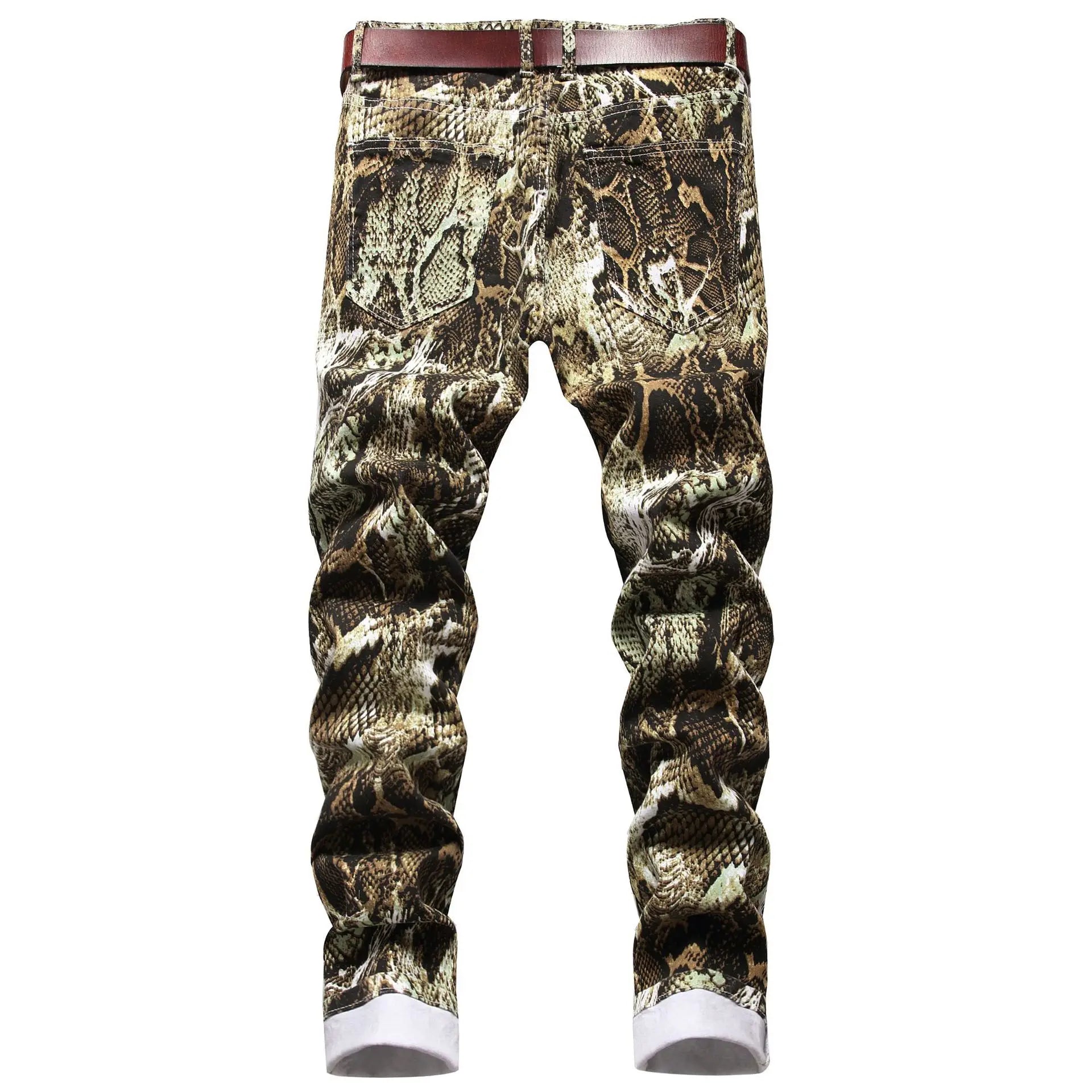 Men Printed Snakeskin Pencil Pants Slim Fit Colored Stretch Mid Waist Washed Denim Ankle Length Trousers