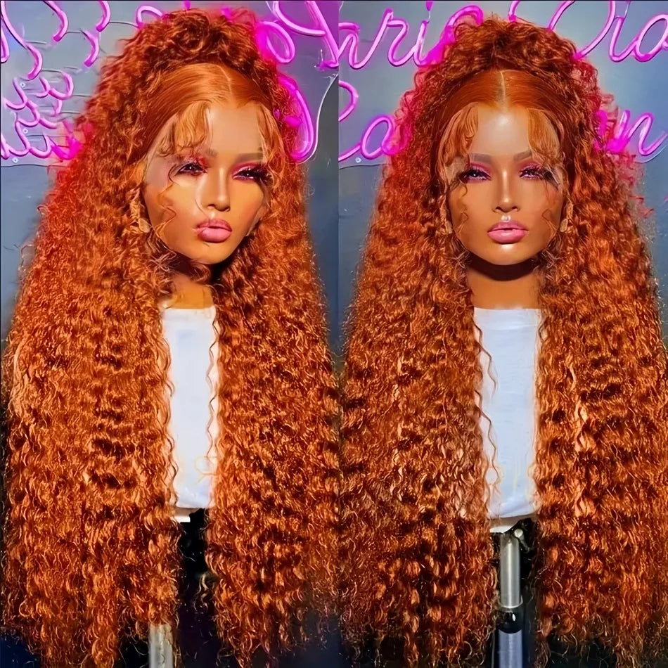 30Inch Orange Ginger Water Wave Lace Front Wig
