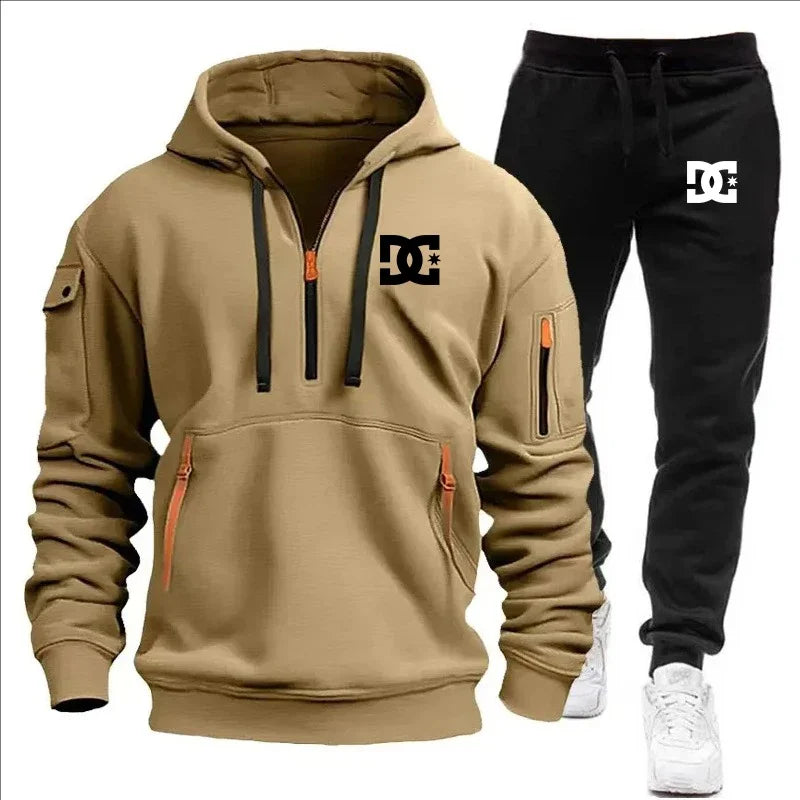 2Pcs Fleece Lined Outfit Autumn Winter Half Zip Hooded Sweatshirt High Waist Jogger Pants With Zipper Pockets Set