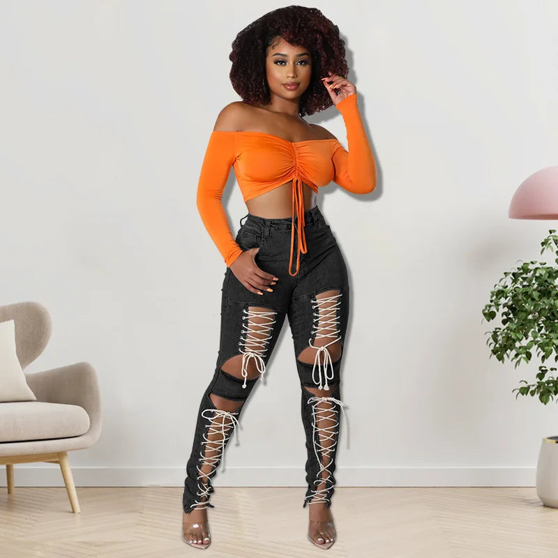 Street Personality Corns Rope Sexy High-wasit Jeans. Ladies Summer Fashion Comfortable Casual Washed Denim Small Leg Pants Women