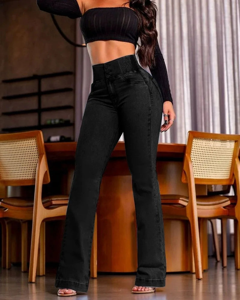 Retro Elastic High-Waist Jeans Slim Bootcut Butt-Lifting Tummy Control Curvy-Friendly Denim Trousers
