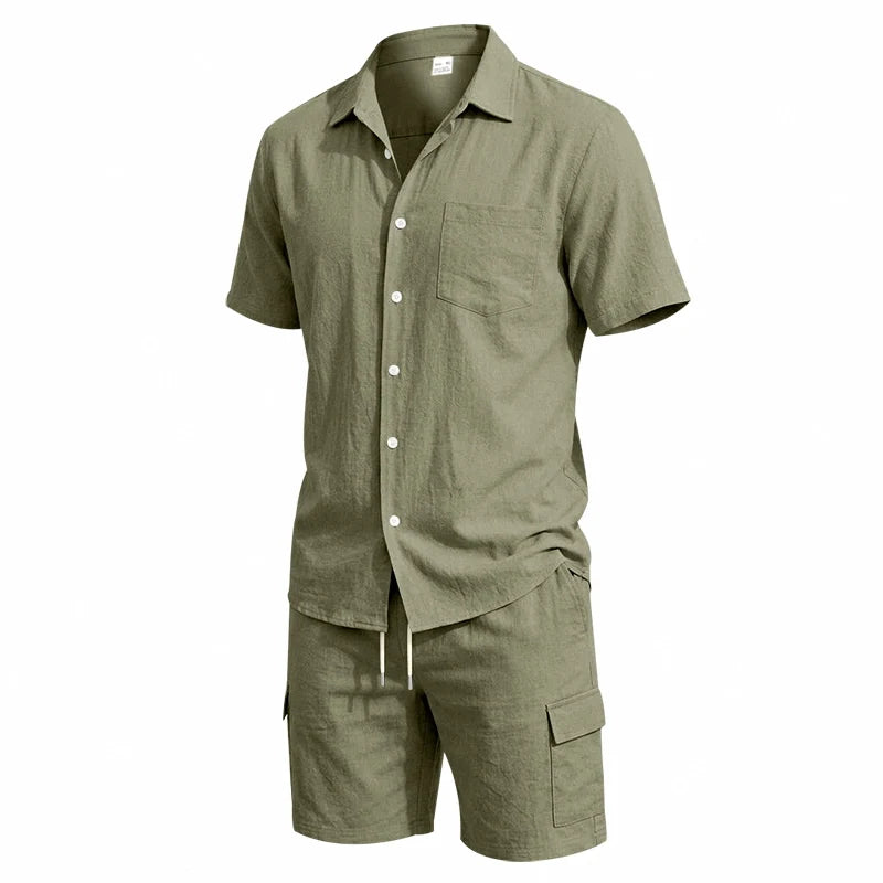Men Summer American Linen Two Piece Set Short Sleeve Shirt Drawstring Cargo Shorts Loose Casual Outdoor Commute Vacation Outfit