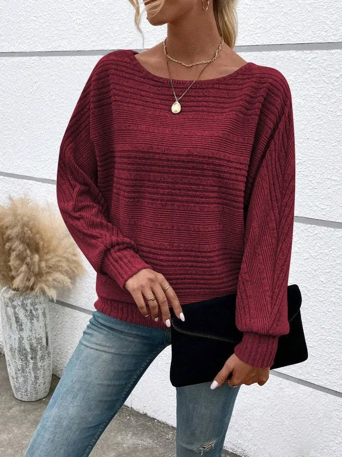 Women's Long Sleeve Round Neck Solid Color Loose Fit Knit Patchwork T Shirt Winter Women's Clothing Urban Women Sweater Style