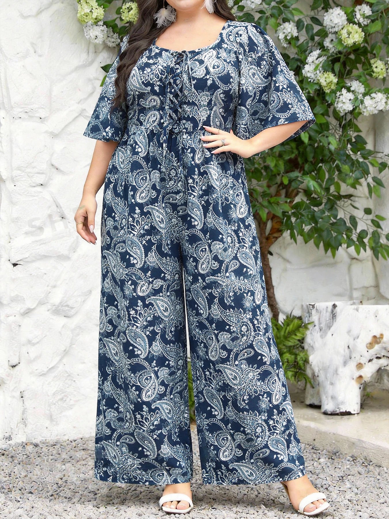 Plus Size Women's Multi-Color Paisley Print Square Neck Tie Waist Wide Leg Jumpsuit