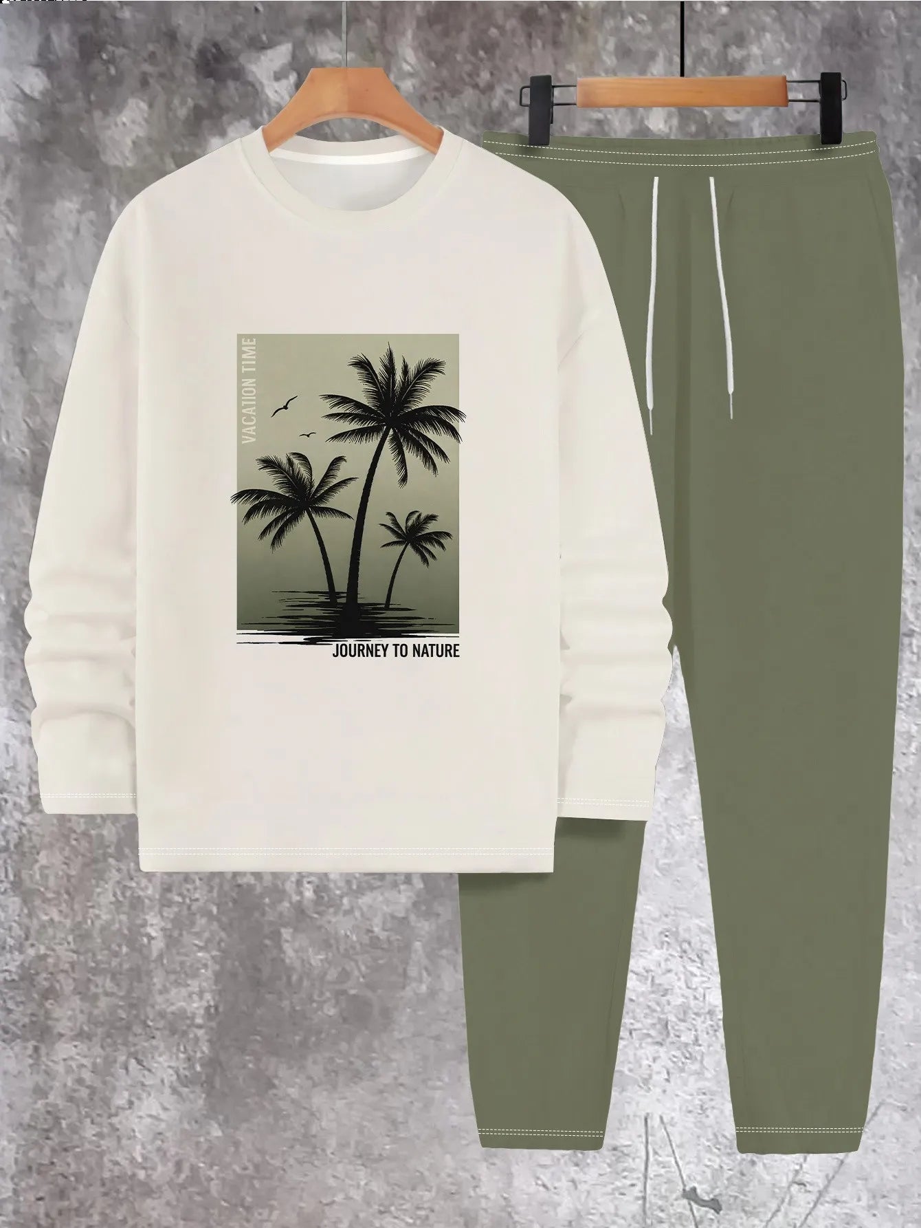 Autumn New Style Street Casual Fashion Comfortable Soft 3D Coconut Tree Pattern Printed Men's Long-Sleeved Long Pants Set