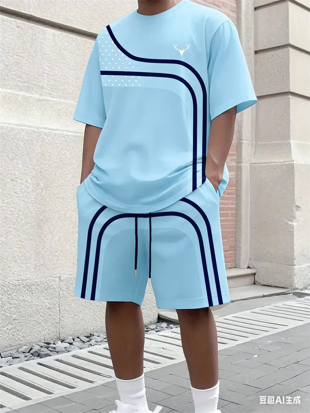 Men's Stripe Print Comfortable Breathable Round Neck T-shirt Shorts Set Outdoor High Street Clothing T-shirt Sets