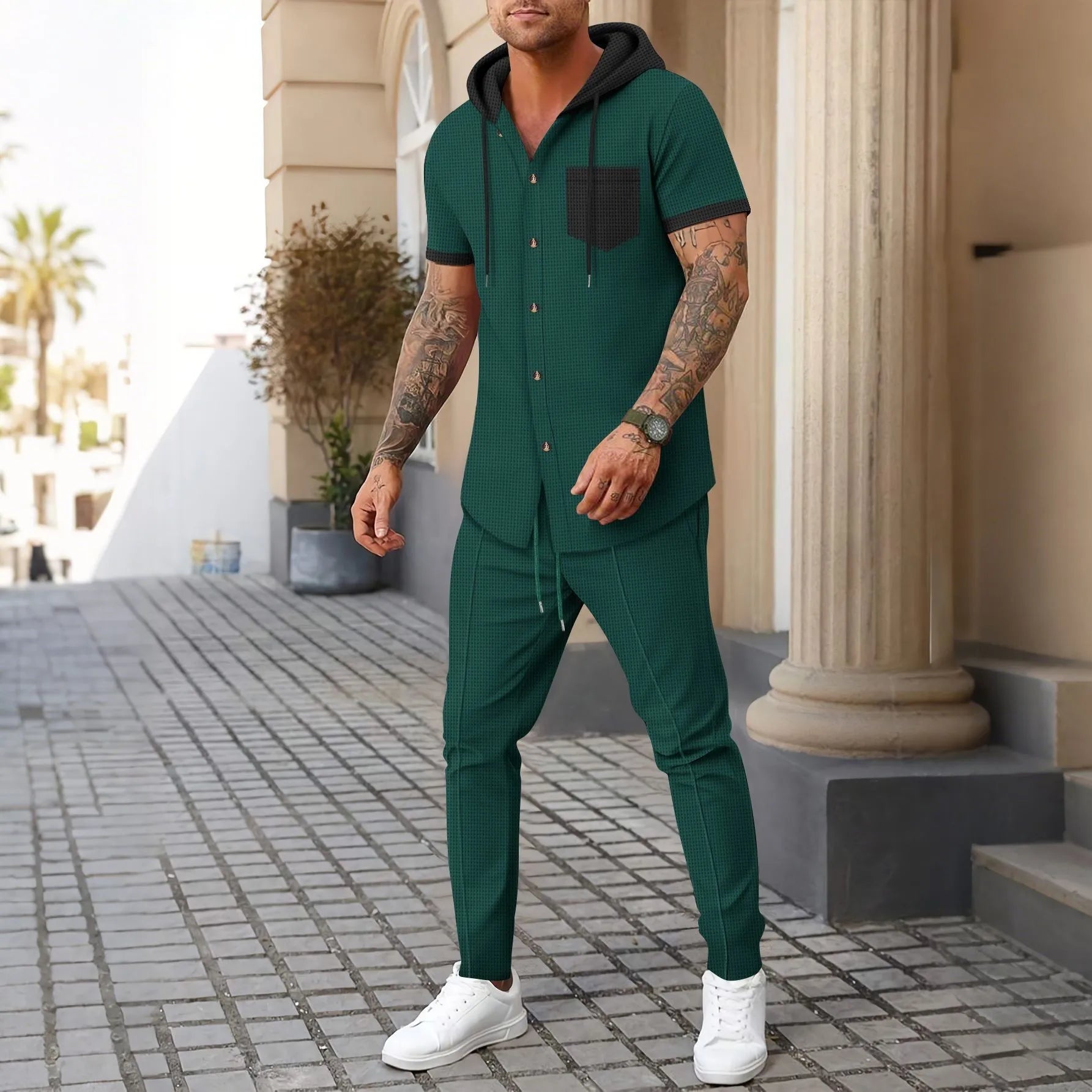 Men's new waffle knit hooded small zipper casual long-sleeved top and long pants two-pie