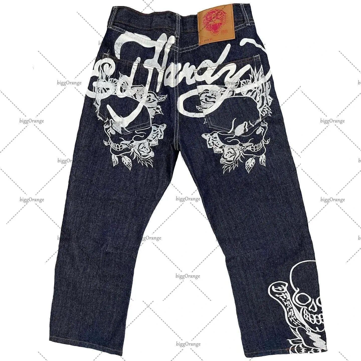 Straight Leg Denim Pants Skull Rose Flame