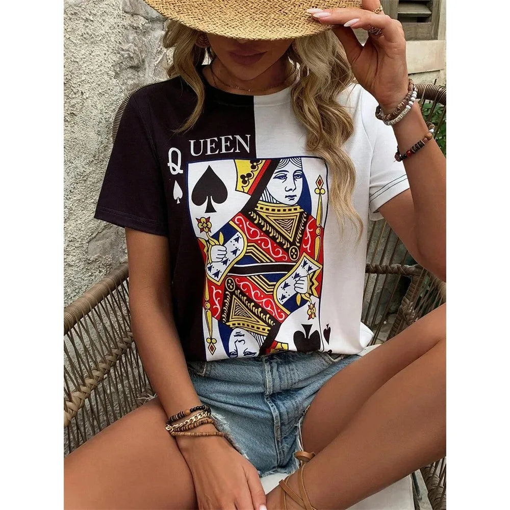 3D Poker Print Women's T-shirt Summer Daily Casual Women's Short-sleeved Top Urban Street Women Fashion Crew-neck Y2K Streetwear