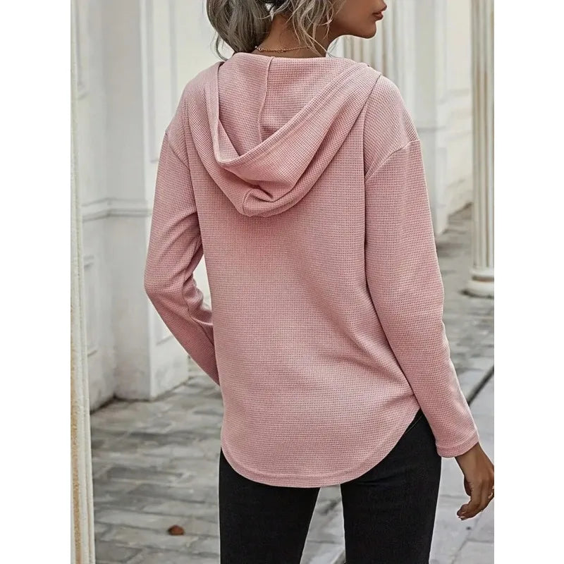 Plus Size 1XL-5XL New Women's V-neck Long Sleeve Hoodie Sweater Women's Drawstring Pullover Top
