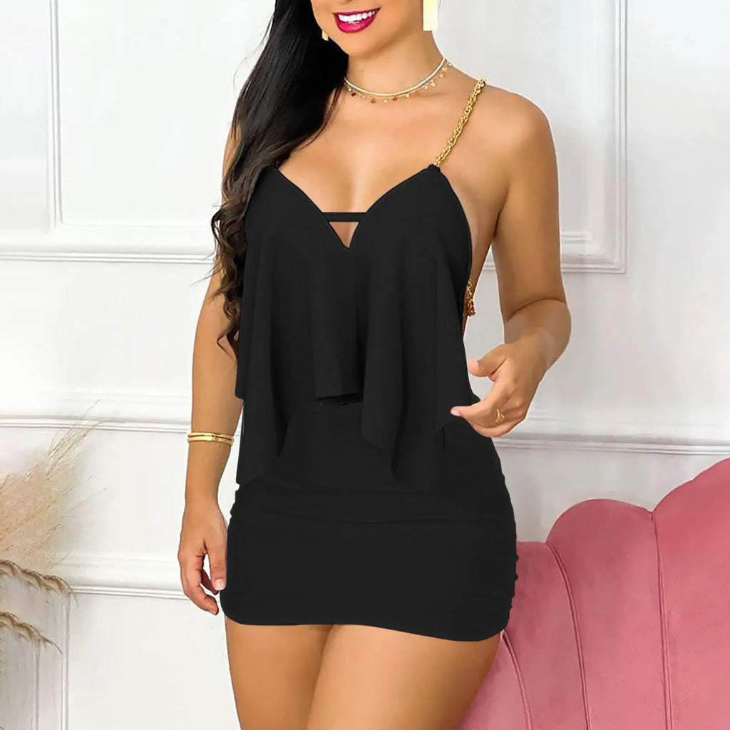 Womens Dresses Summer Fashion Floral Print Asymmetrical Chain Strap Sexy Backless V-Neck Sleeveless Bodycon Mini Dress Sets 2025