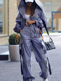 Spring Autumn Casual Plaid Print Women's Set Fashion Pocket Loose Hoodie Long-sleeved Jacket + Trousers 2-piece Suit Street