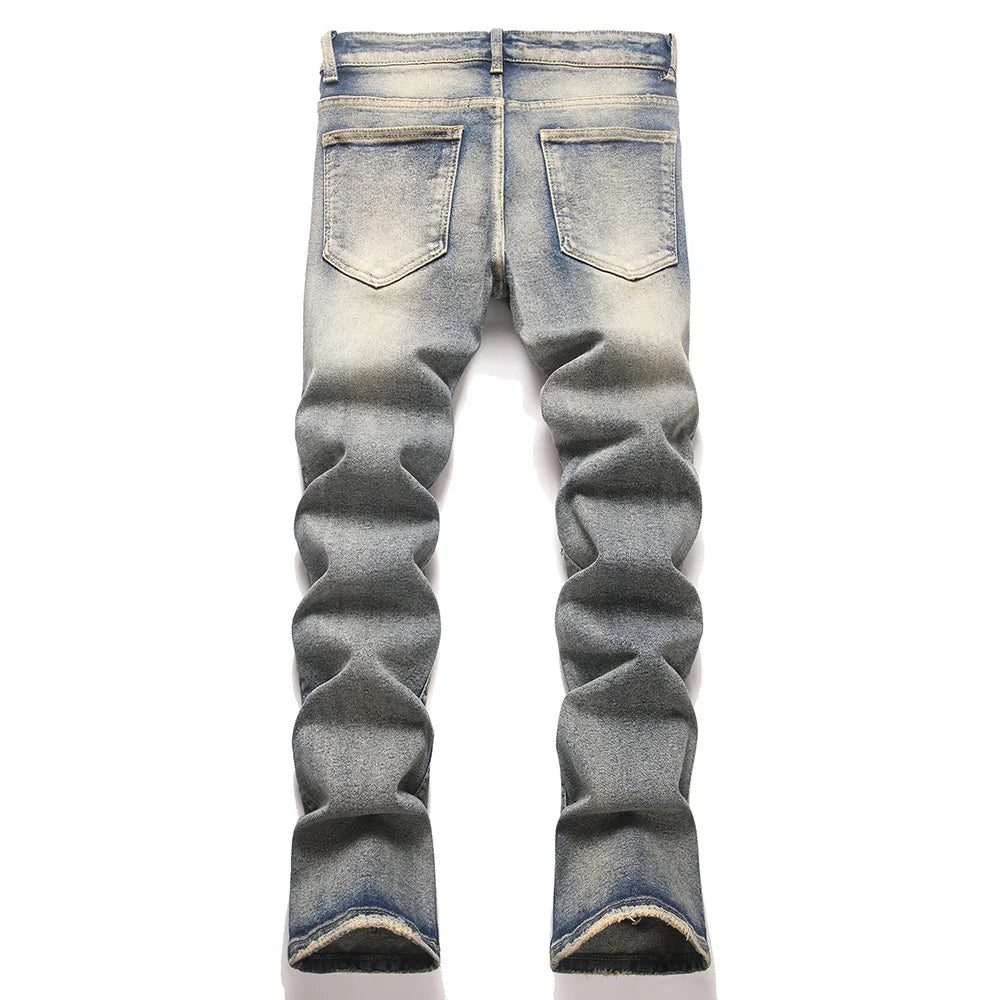 Men's Vintage Bootcut Denim Jeans Streetwear Embossed Totem Pattern Pants Retro Blue Stretch Spandex Slim Flared Trousers