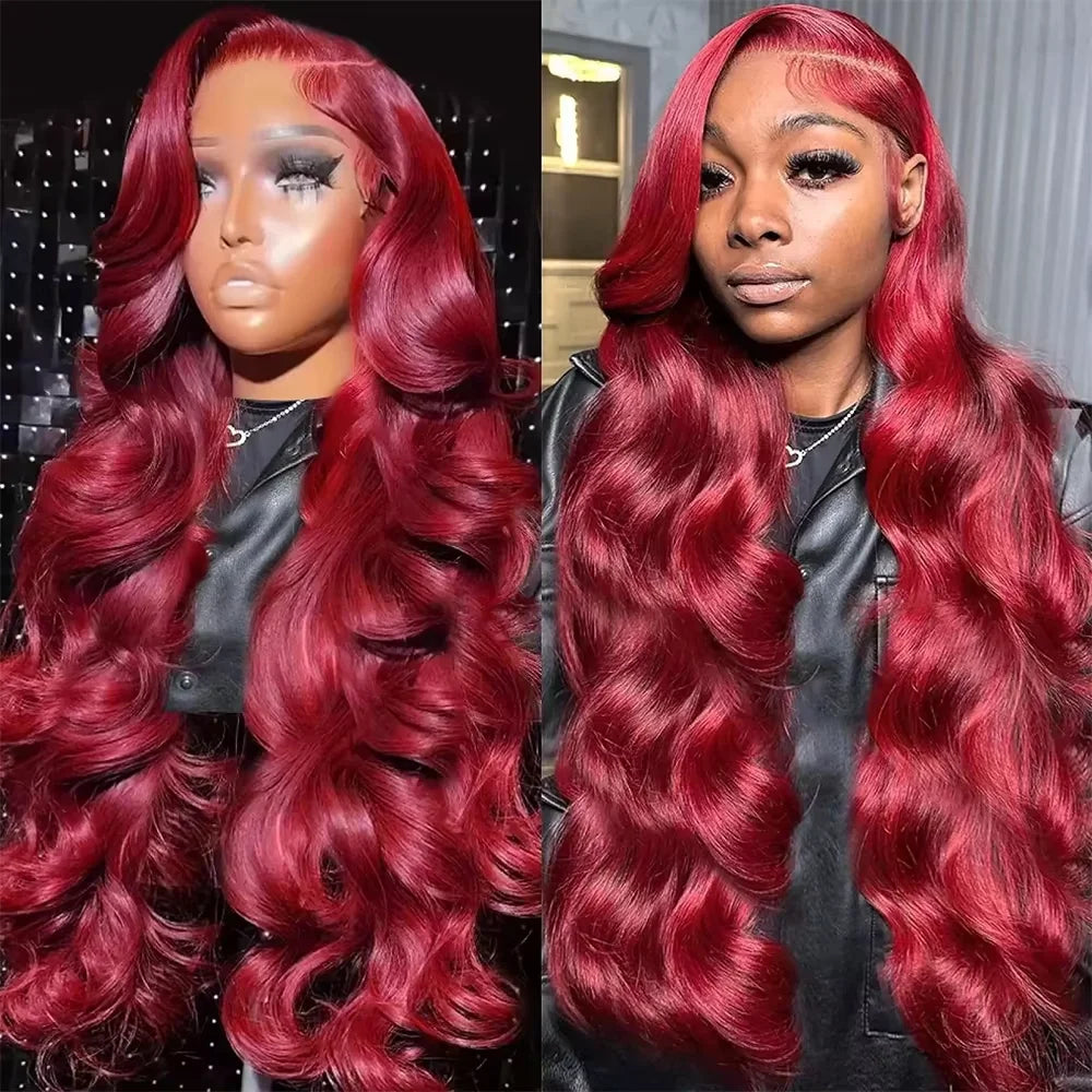 20in-40in Burgundy Red 34 Inch Body Wave Lace Front Wig