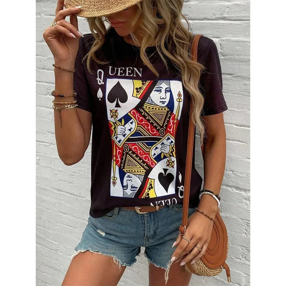 3D Poker Print Women's T-shirt Summer Daily Casual Women's Short-sleeved Top Urban Street Women Fashion Crew-neck Y2K Streetwear