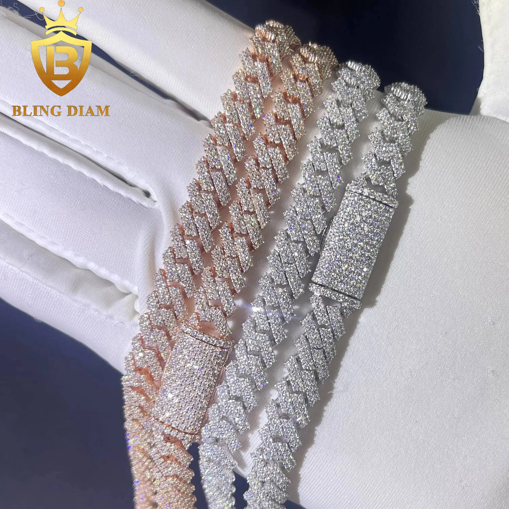 8mm  2 Rows Moissanite Miami Rose Gold Cuban Link Chain 925 Sterling Silver Necklace