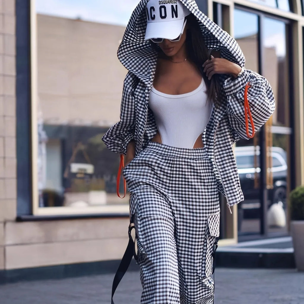 Spring Autumn Casual Plaid Print Women's Set Fashion Pocket Loose Hoodie Long-sleeved Jacket + Trousers 2-piece Suit Street